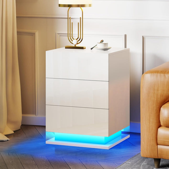 LED Nightstand with 3 drawers, White bedside Table ,Modern End Side Table for Bedroom White LED