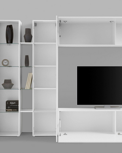 Soggiorno MARUSKA asimmetrico 340 x 30 x 180 cm (LxPxA) - Bianco laccato lucido
