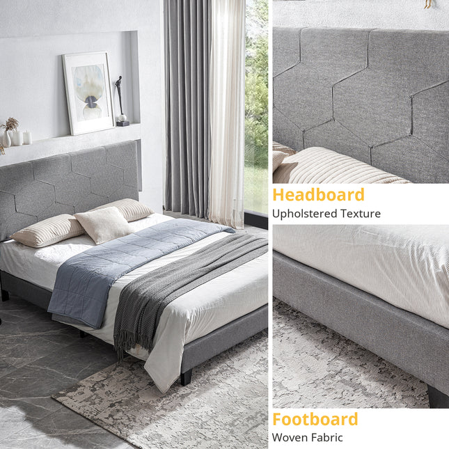 Queen Size Upholstered Platform Bed Frame with Wood Slat Support – Easy Assembly, Grey