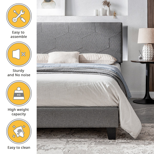 Queen Size Upholstered Platform Bed Frame with Wood Slat Support – Easy Assembly, Grey