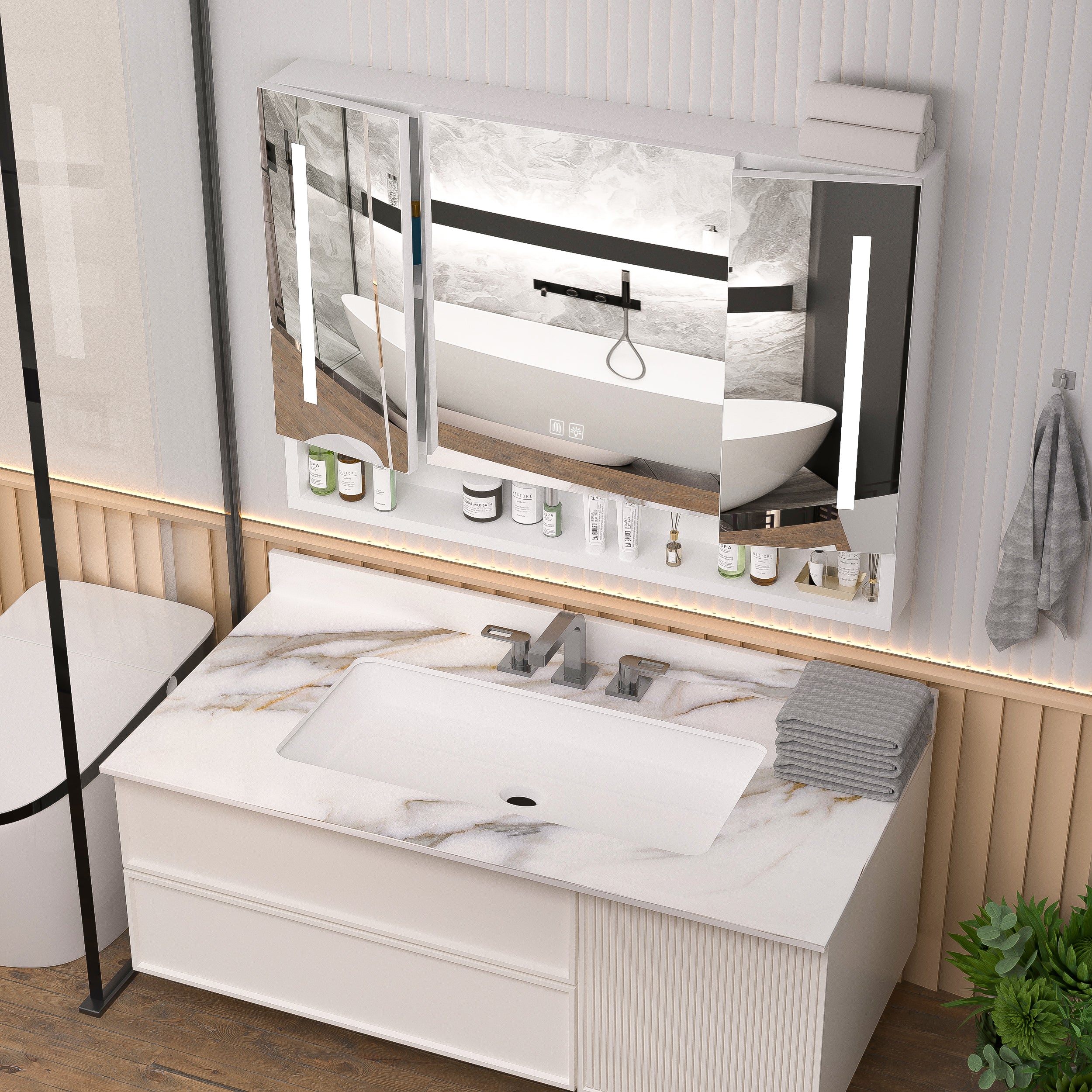 Armadietto Bagno LED 100x70cm 3 Ante