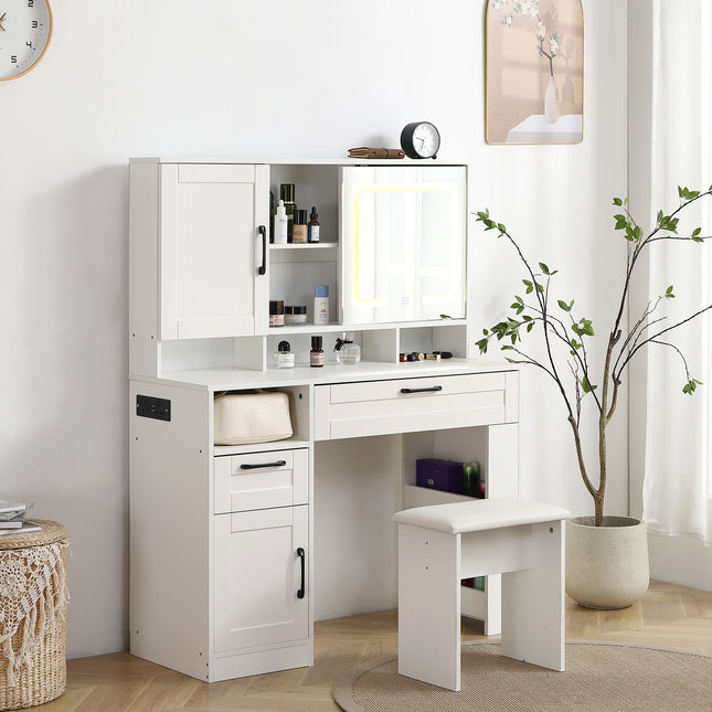 Vanity table with large sliding lighted mirror dressing table with 2 drawers storage shelves and upholstered stool white color