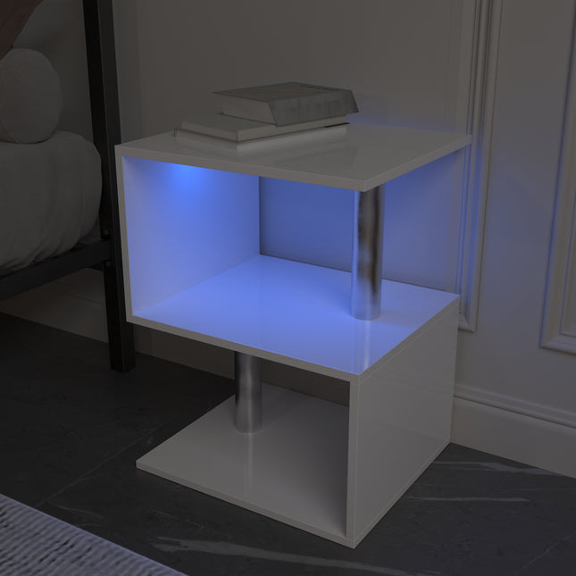 3-Layer S-Shaped Coffee Table – High Gloss Side Table with Open Storage Rack and USB Power Supply, White LED Coffee Table
