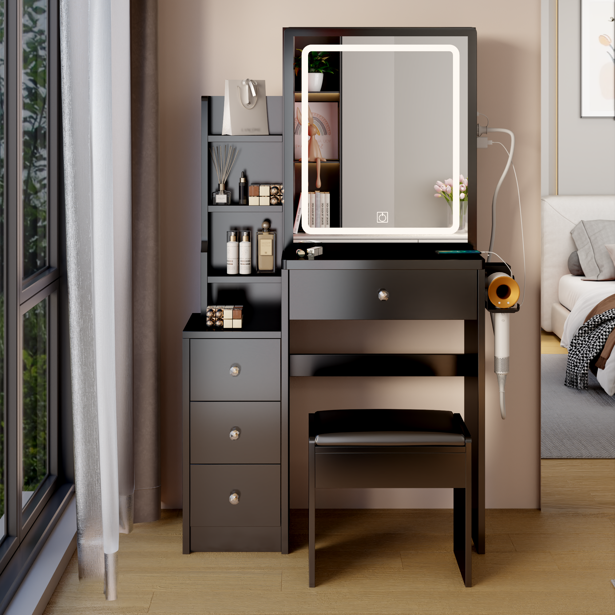 Toeletta Nera Compatta con USB e LED