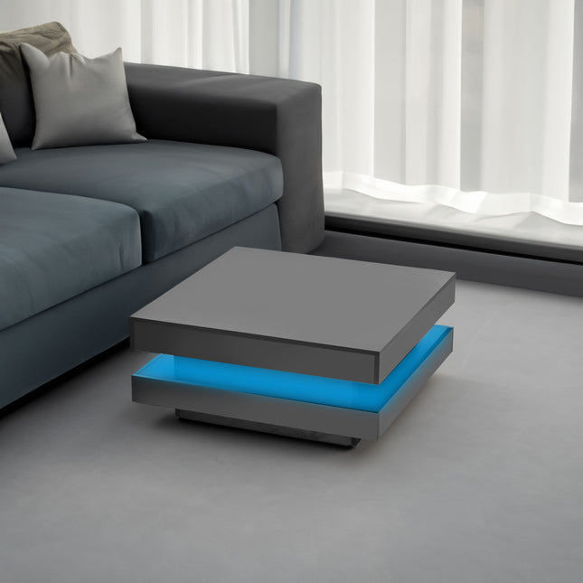ON-TREND High Gloss Minimalist Design 2-Tier Square Coffee Table with LED Lights – Black