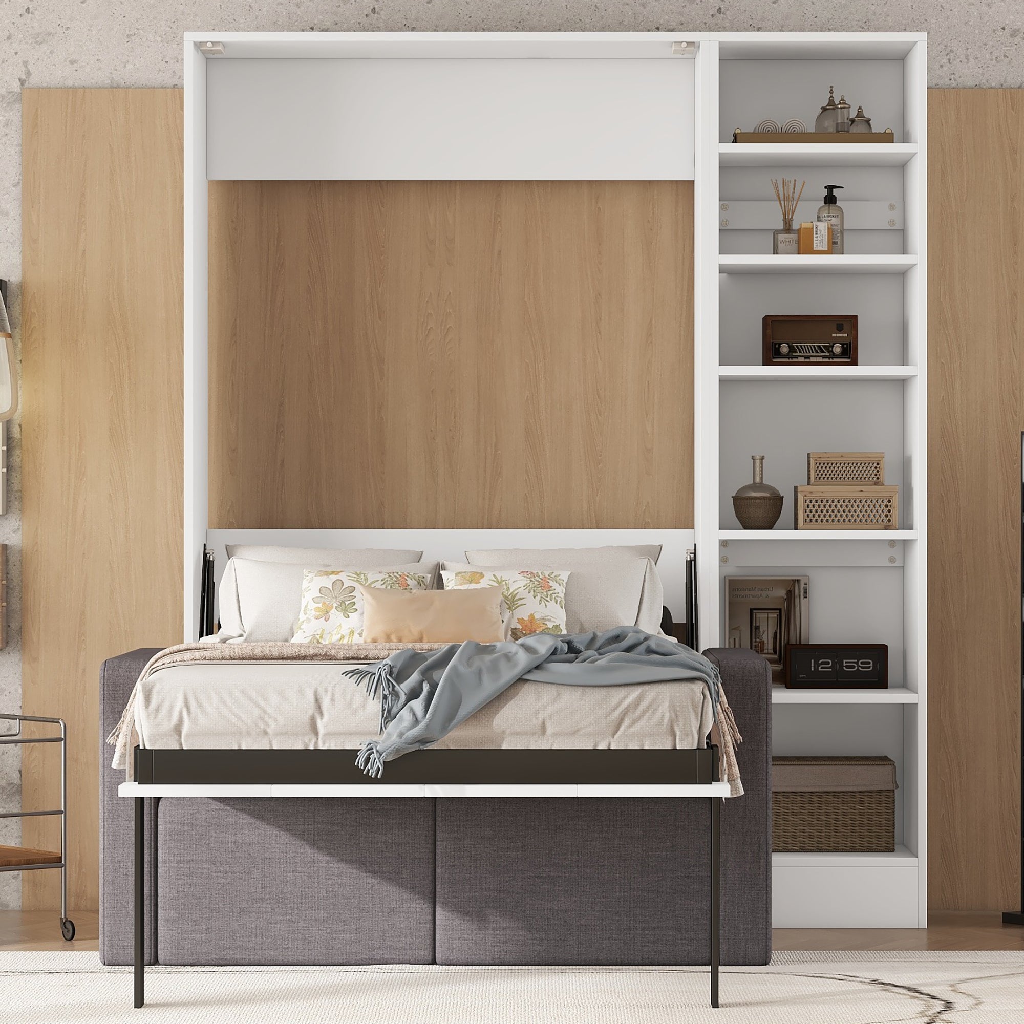 Letto a Scomparsa Singolo con Divano e Mensole Bianco