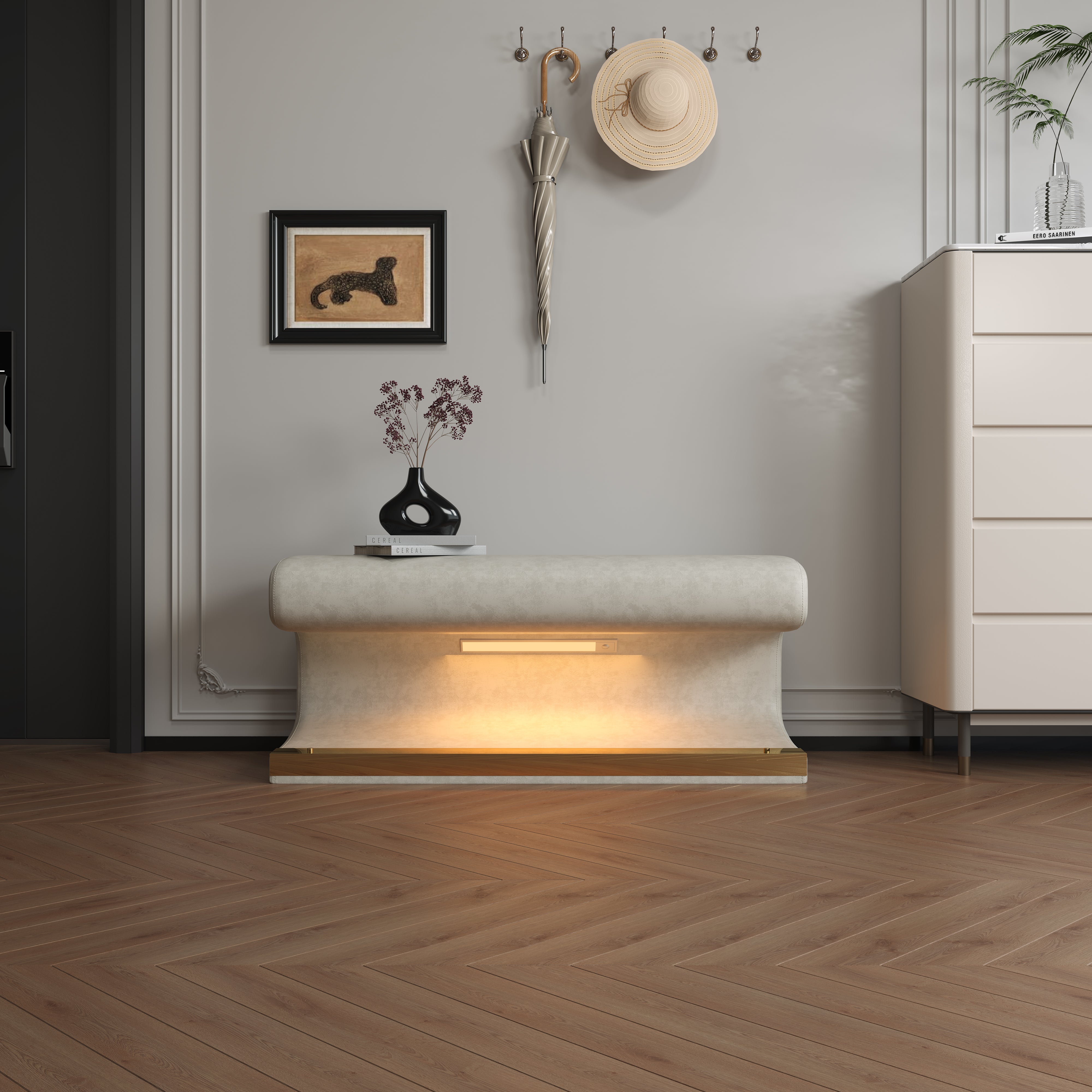 Panca Ingresso Pelle Beige con LED