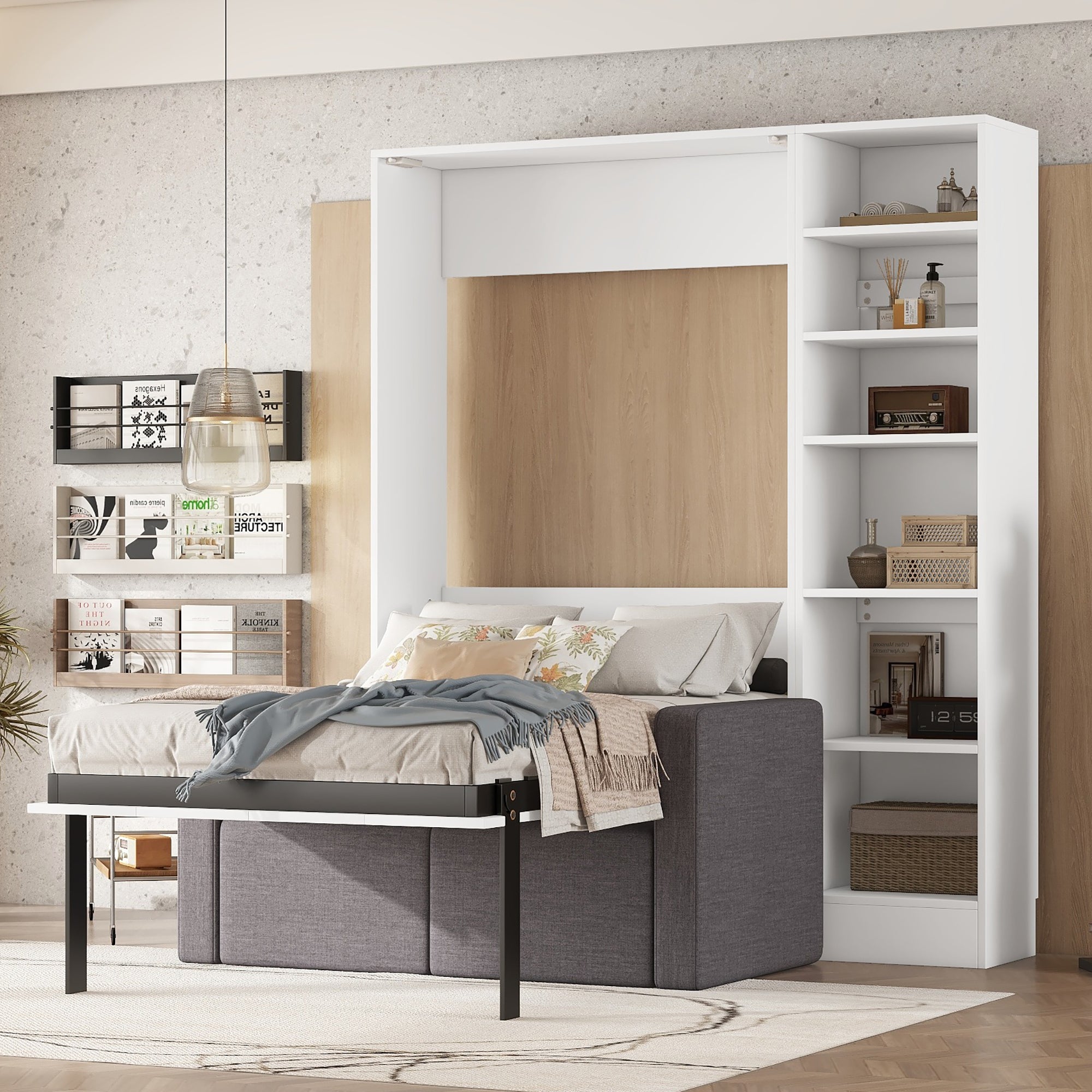 Letto a Scomparsa Singolo con Divano e Mensole Bianco