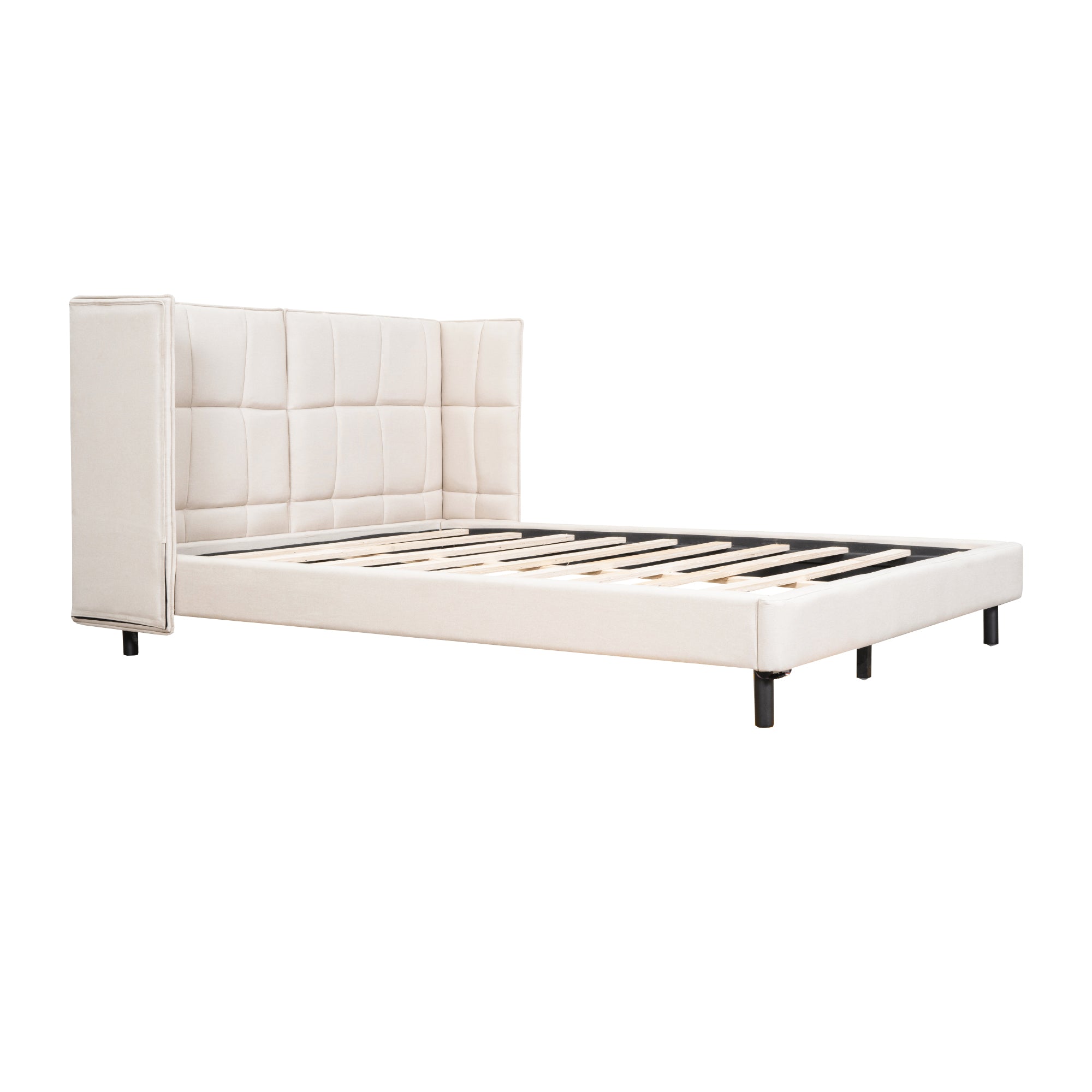 Letto Matrimoniale Imbottito con Luci LED e Testiera a U - Tessuto Lino Beige