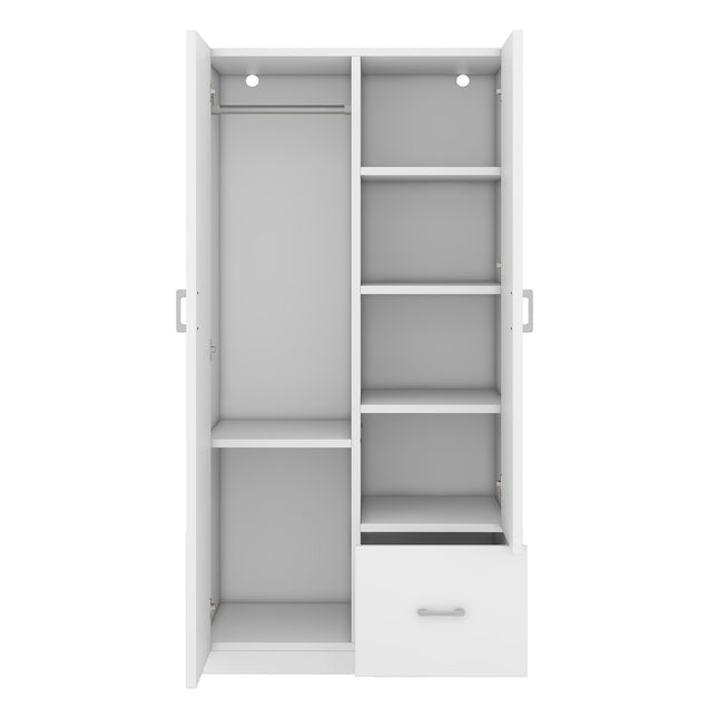 Wooden Wardrobe with Double Doors, Armoire with Hanging Rod, 5 Fixed Shelves, One Storage Drawer, White