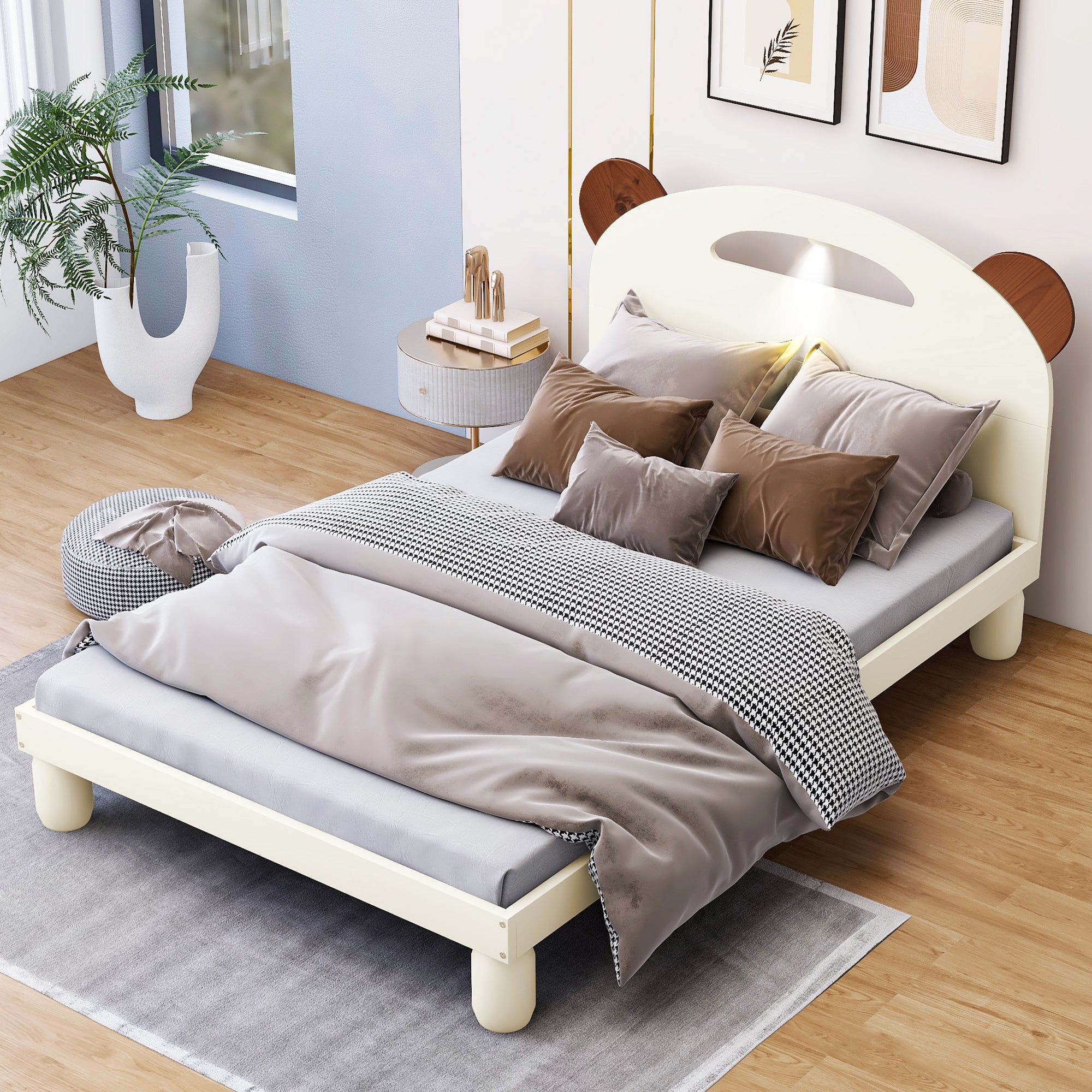 Letto Singolo in Legno con Testiera a Orecchie di Orso e LED - Bianco Crema