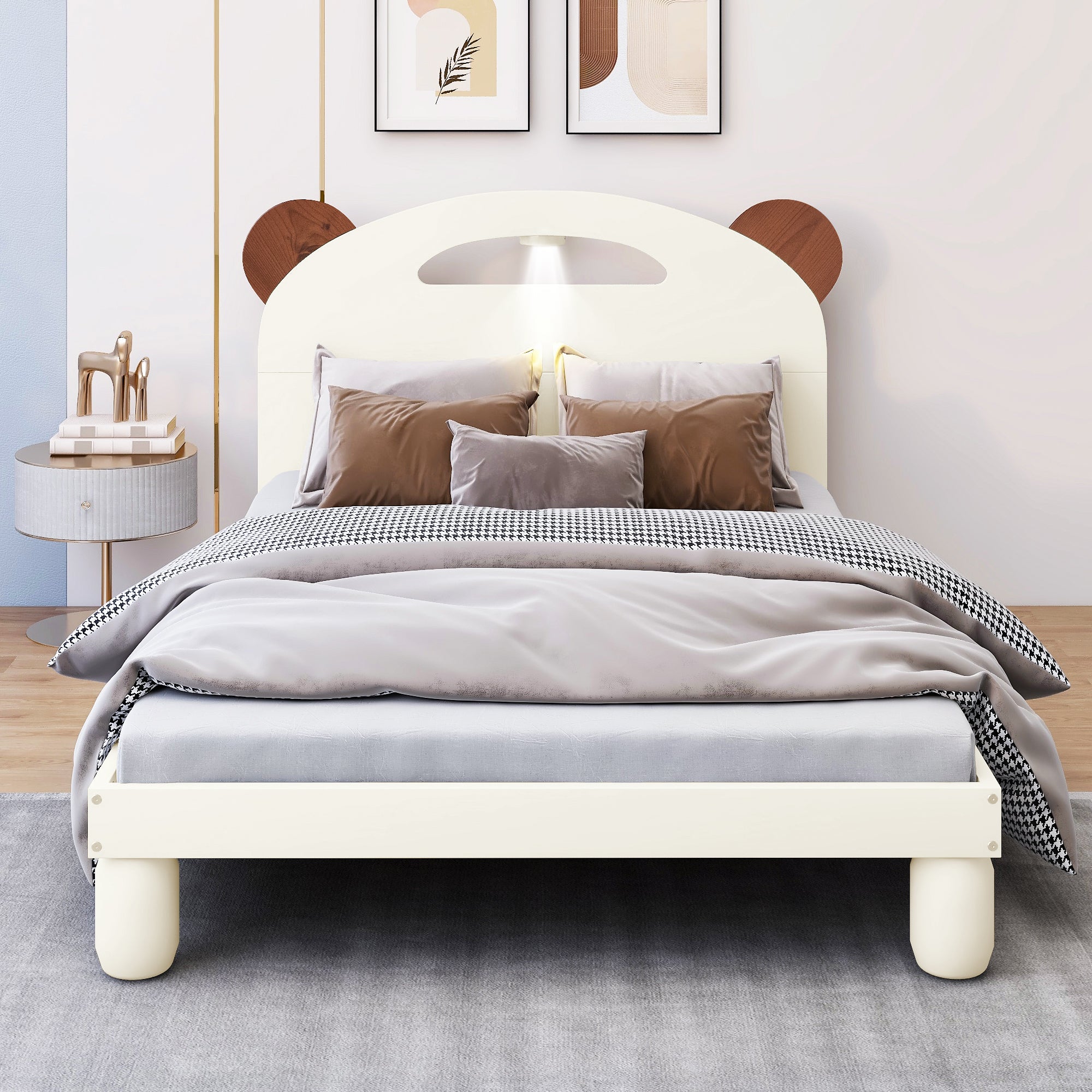 Letto Singolo in Legno con Testiera a Orecchie di Orso e LED - Bianco Crema