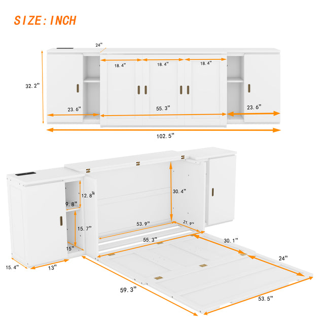 Full Size Murphy Bed with Shelves, Cabinets, and USB Ports – White