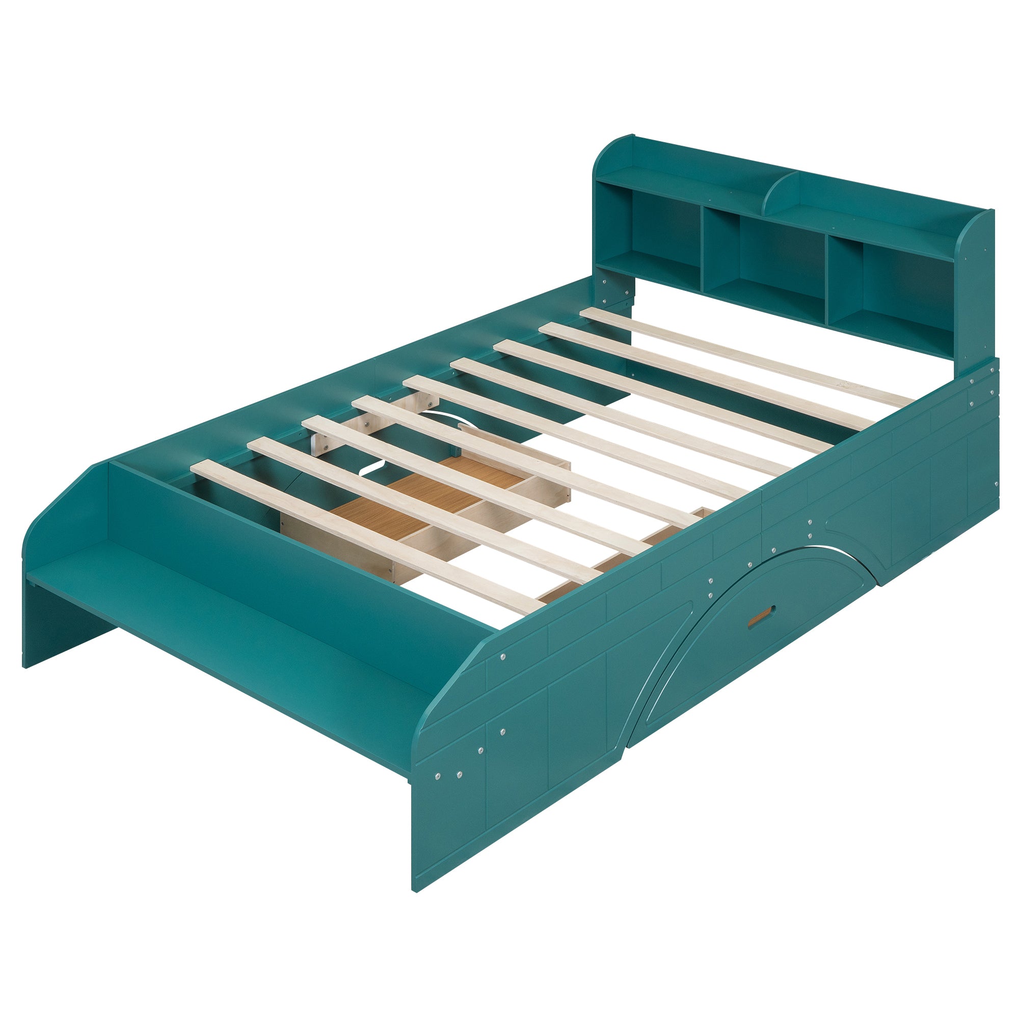 Letto Full Size in Legno con 2 Cassetti, Testiera e Pediera Contenitore - Verde Scuro