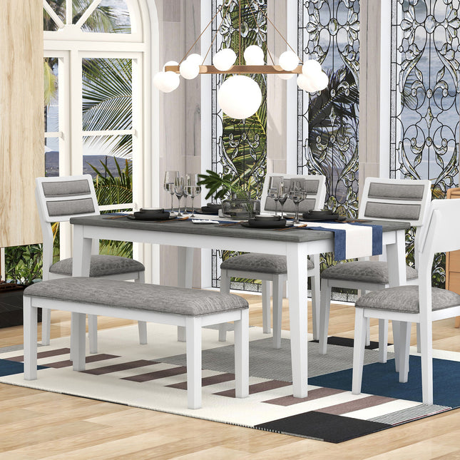 Classic 6-Piece Dining Set, Table, 4 Chairs & Bench (White/Gray)