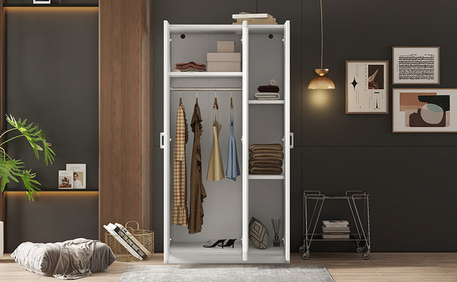 3 Door Wardrobe with Mirror, Armoire with Hanging Rod and 3 Fixed Shelves, White