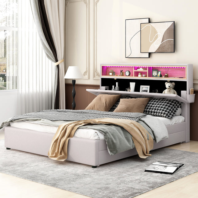 Queen Size Upholstered Platform Bed with Storage Headboard LED USB Charging and 2 Drawers Beige Default Title