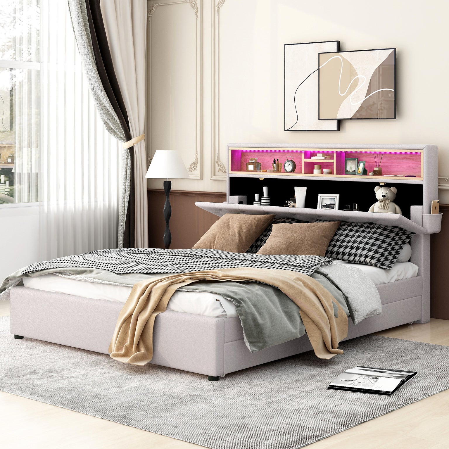 Letto Queen con LED e Ricarica USB Beige