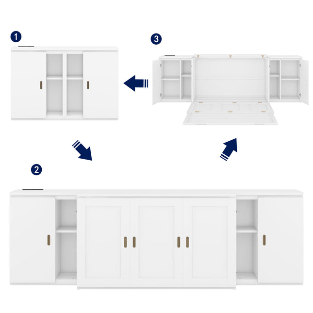 Full Size Murphy Bed with Shelves, Cabinets, and USB Ports – White