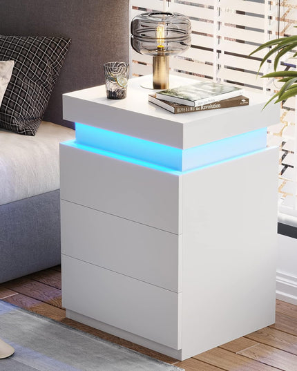 LED White Nightstand With 3 Drawers, Modern Multi-Colour LED Night Table Bedside Tables for Bedroom, Living Room