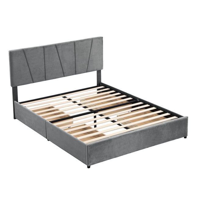 Queen Size Upholstered Platform Bed with Four Drawers on Two Sides and Adjustable Headboard – Grey Queen Size Bed, Upholstered Platform Bed, Storage