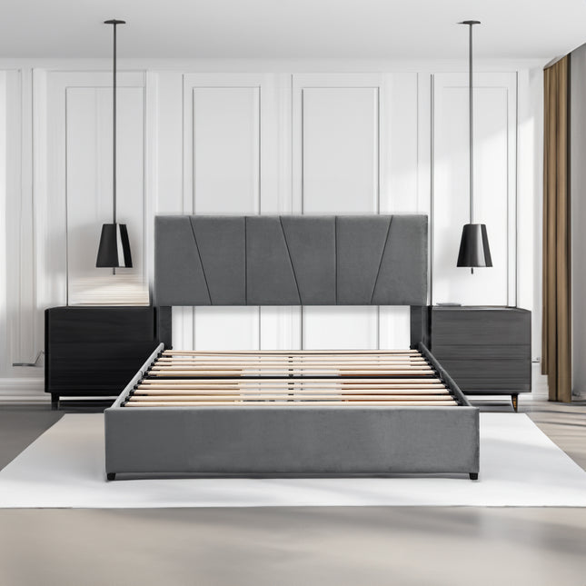 Queen Size Upholstered Platform Bed with Four Drawers on Two Sides and Adjustable Headboard – Grey Queen Size Bed, Upholstered Platform Bed, Storage