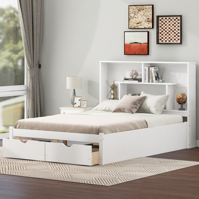 Full Size Platform Bed with Storage Headboard and 2 Drawers, White Default Title