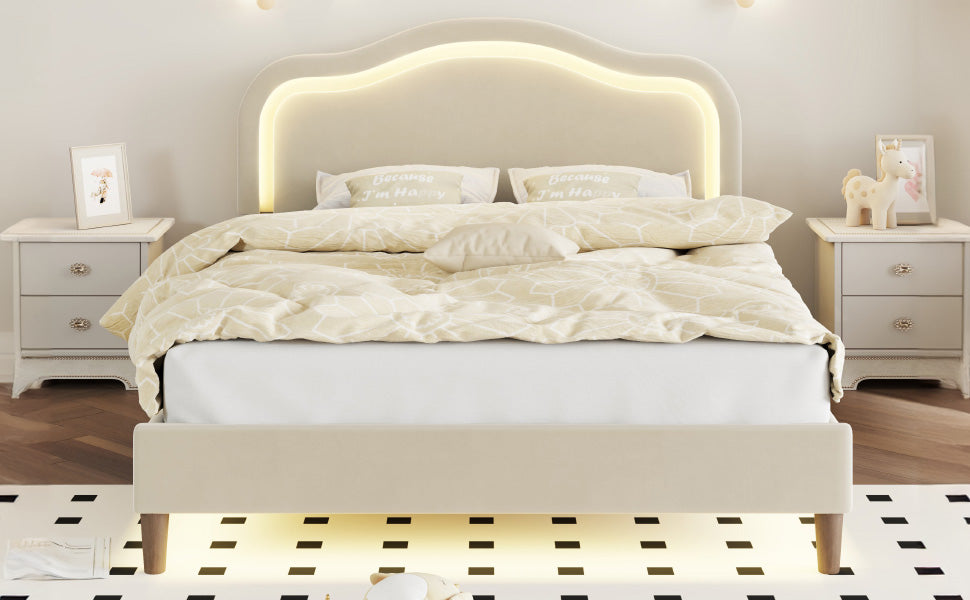 Letto Full Size Velluto Beige con LED