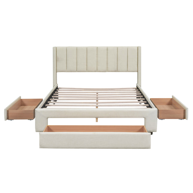 Full Size Upholstered Platform Bed with One Large Drawer in the Footboard and Drawers on Each Side, Beige