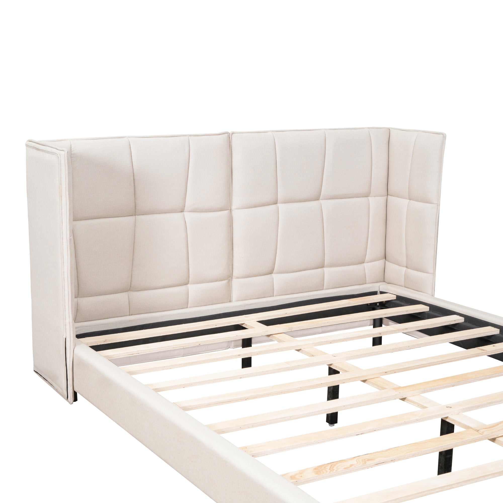 Letto Matrimoniale Imbottito con Luci LED e Testiera a U - Tessuto Lino Beige
