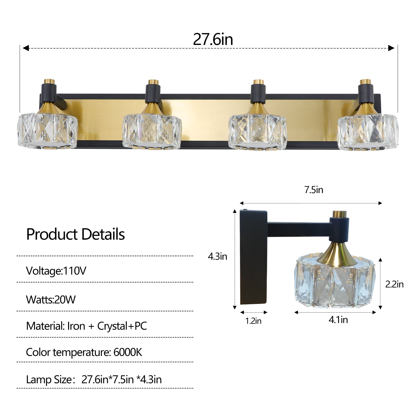 Lampada Bagno LED 4 Luci Cristallo Moderna
