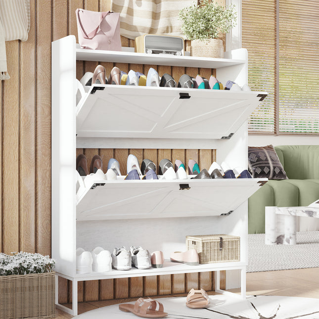 Freestanding Shoe Cabinet with 2 Flip Drawers – White Entryway Storage Organizer with Open Compartment