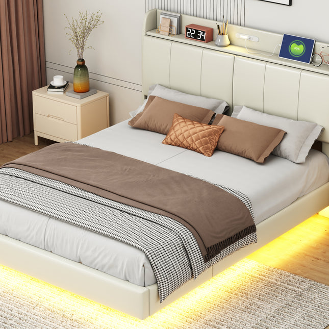 Large Floating Bed Frame with Storage Headboard – Touch Sensor Night Light and USB Charger, Padded Platform Bed, Beige