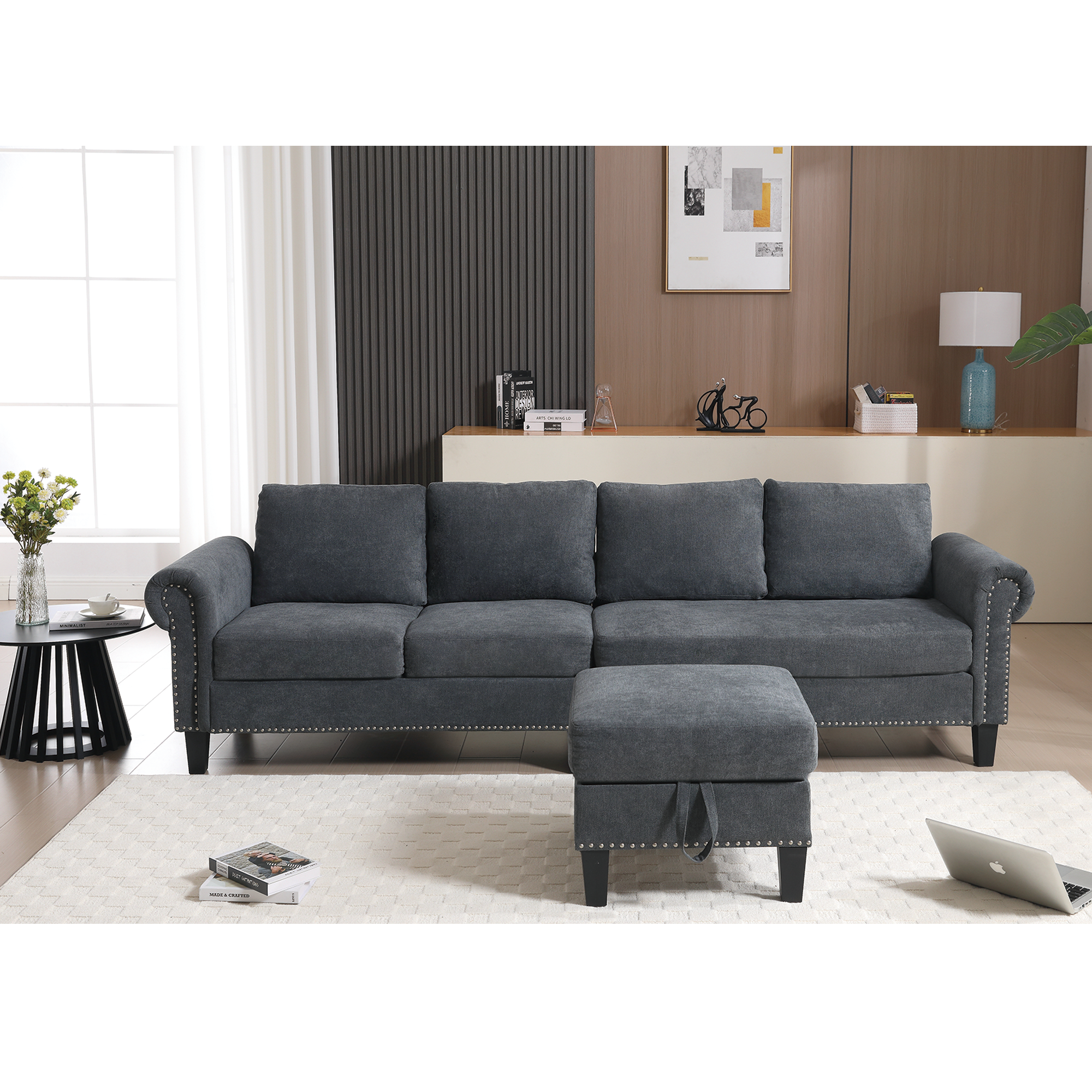 Divano Angolare a L con Contenitore Grigio Moderno
