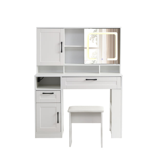 Vanity table with large sliding lighted mirror dressing table with 2 drawers storage shelves and upholstered stool white color