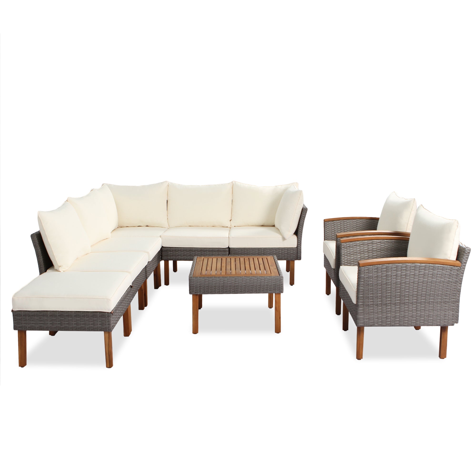 Set Patio Rattan 9 Pezzi Beige Acacia