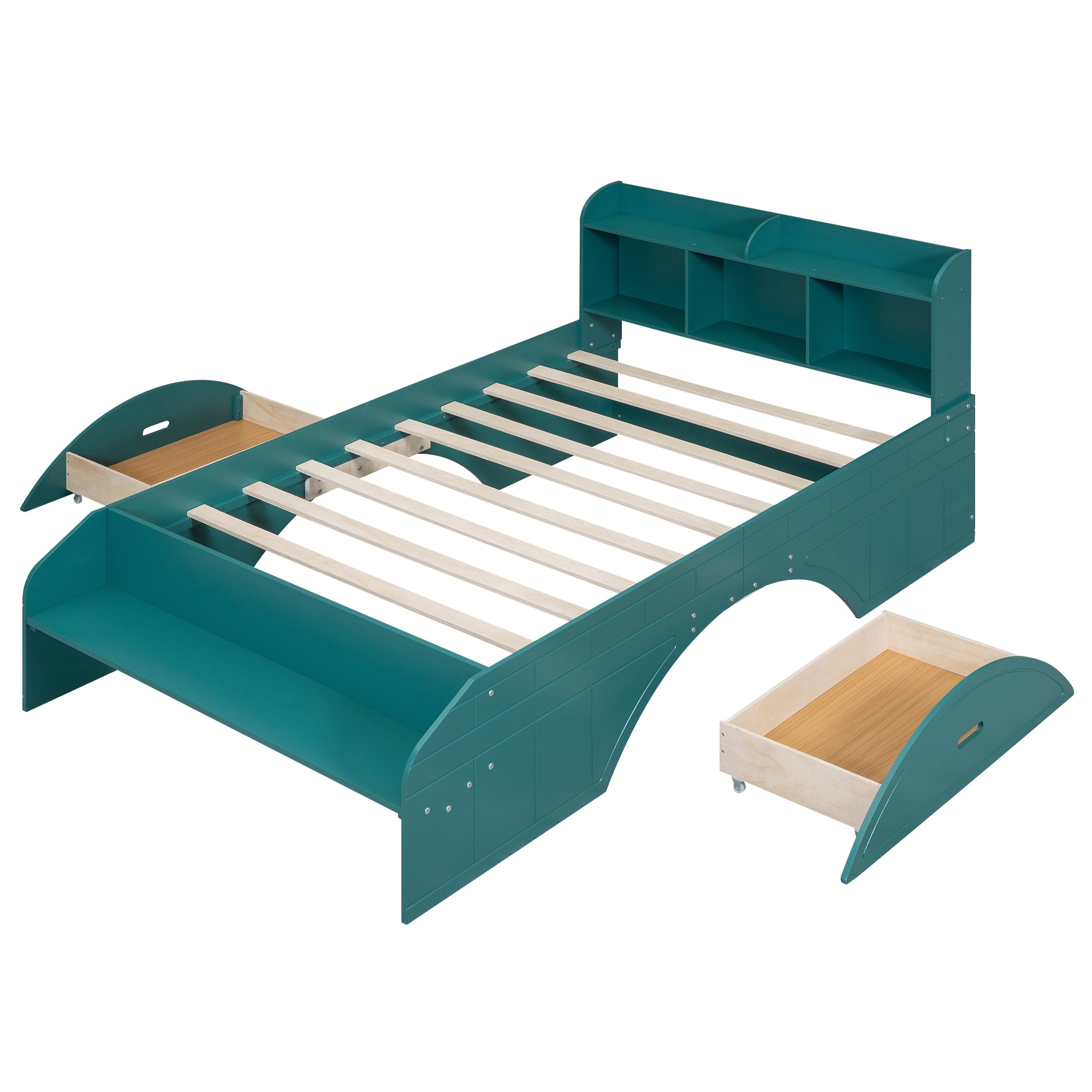 Letto Full Size in Legno con 2 Cassetti, Testiera e Pediera Contenitore - Verde Scuro