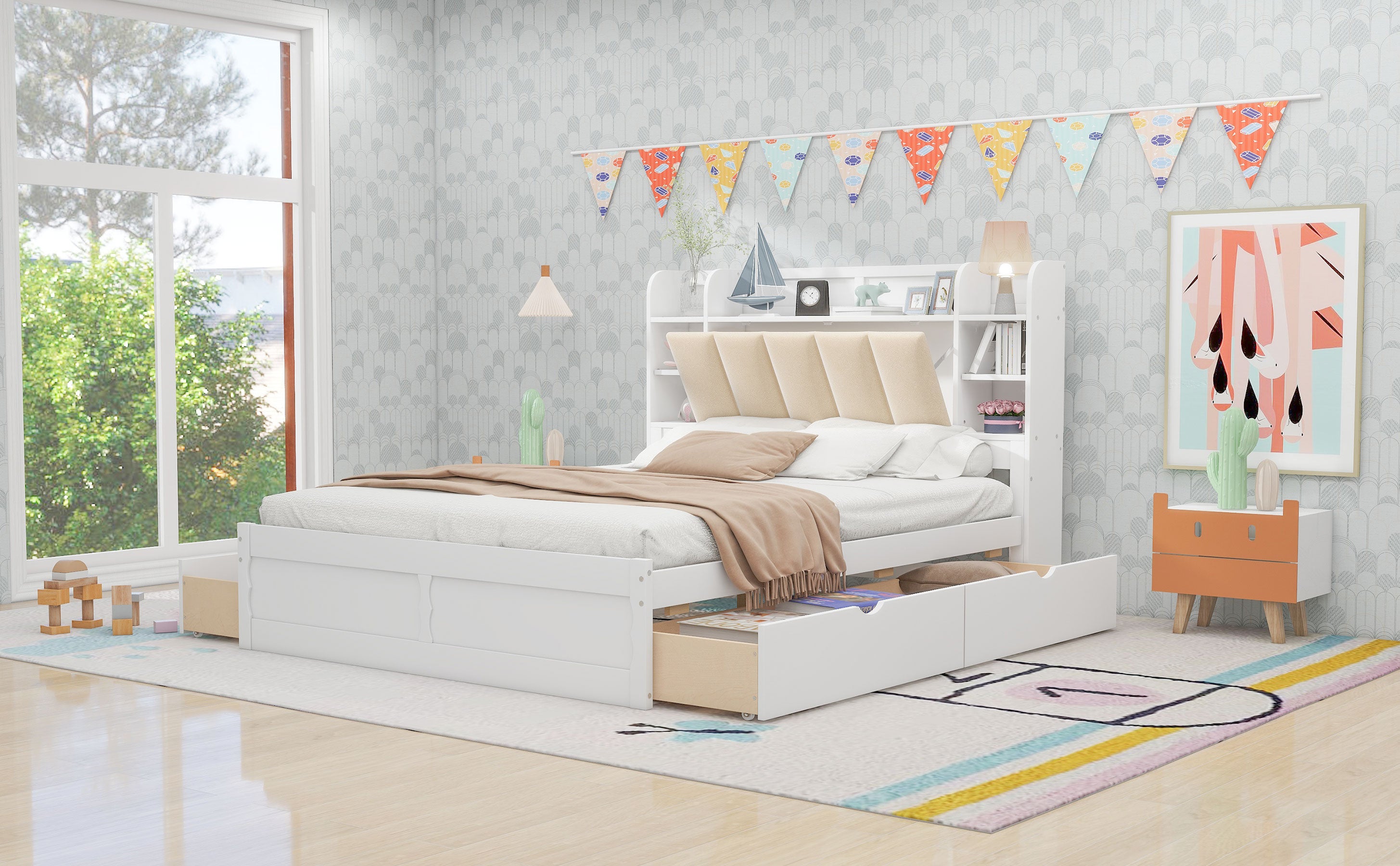 Letto Matrimoniale in Legno con Testiera Contenitore, Ripiani e 4 Cassetti - Bianco