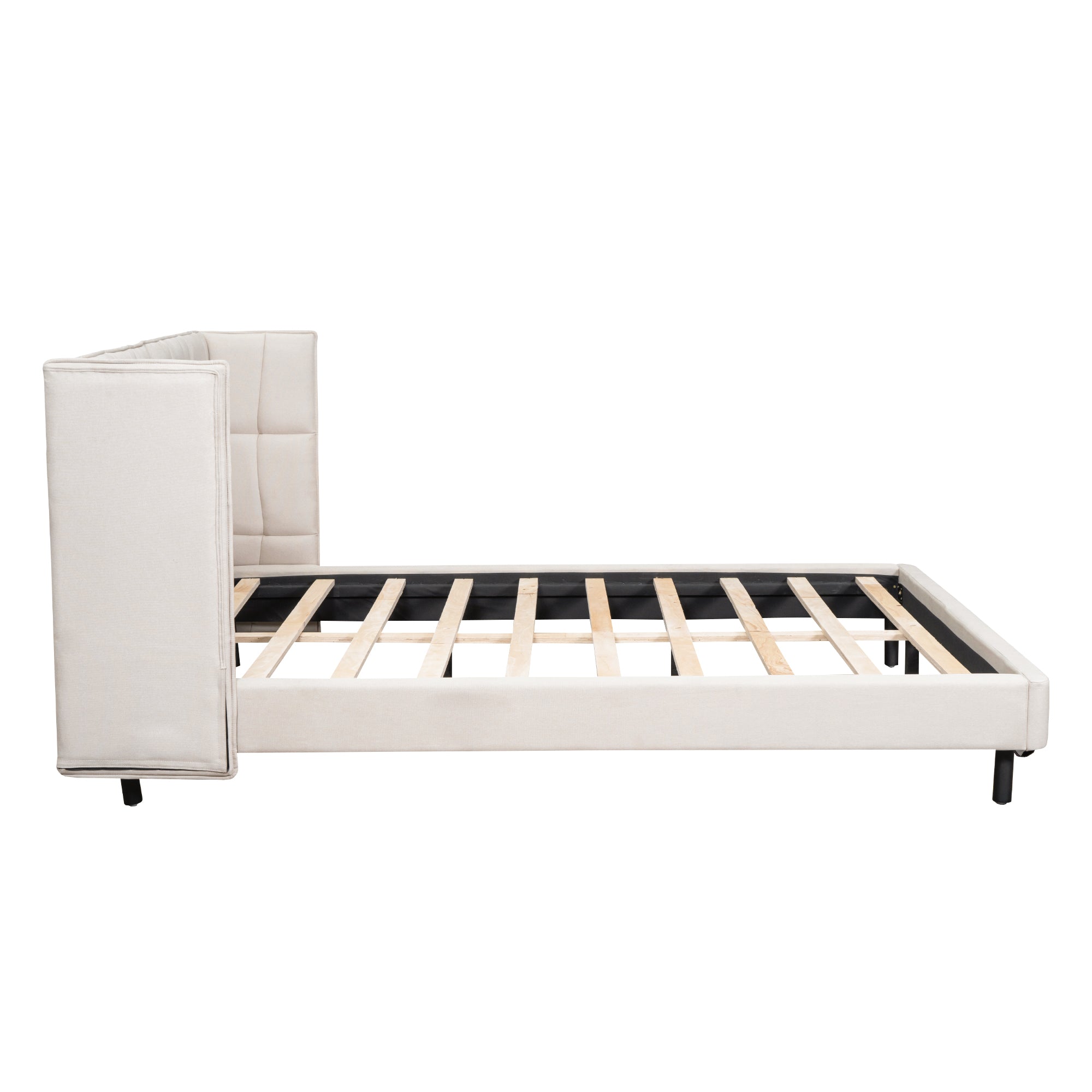 Letto Matrimoniale Imbottito con Luci LED e Testiera a U - Tessuto Lino Beige