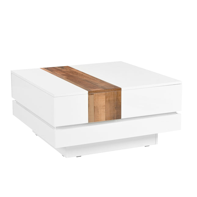 ON-TRANS 31.4 Inches x 31.4 Inches High Gloss Center Table with Sliding Top and Hidden Storage Room – White