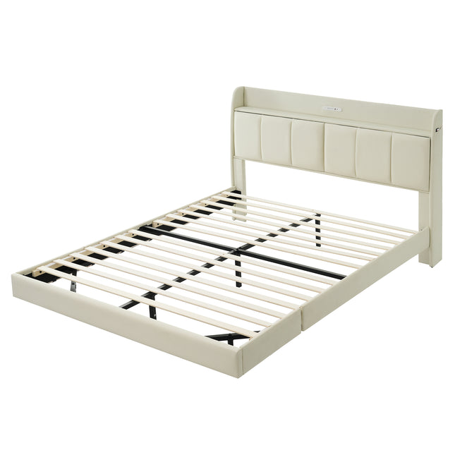 Large Floating Bed Frame with Storage Headboard – Touch Sensor Night Light and USB Charger, Padded Platform Bed, Beige