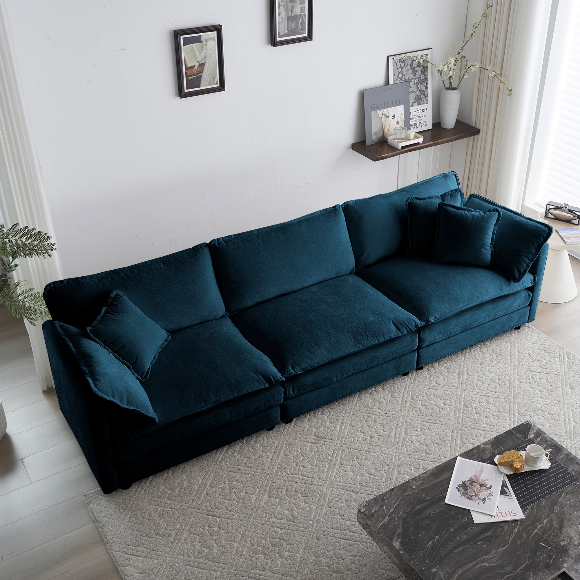 Divano 3 Posti Blu in Ciniglia Stile Mid-Century Moderno