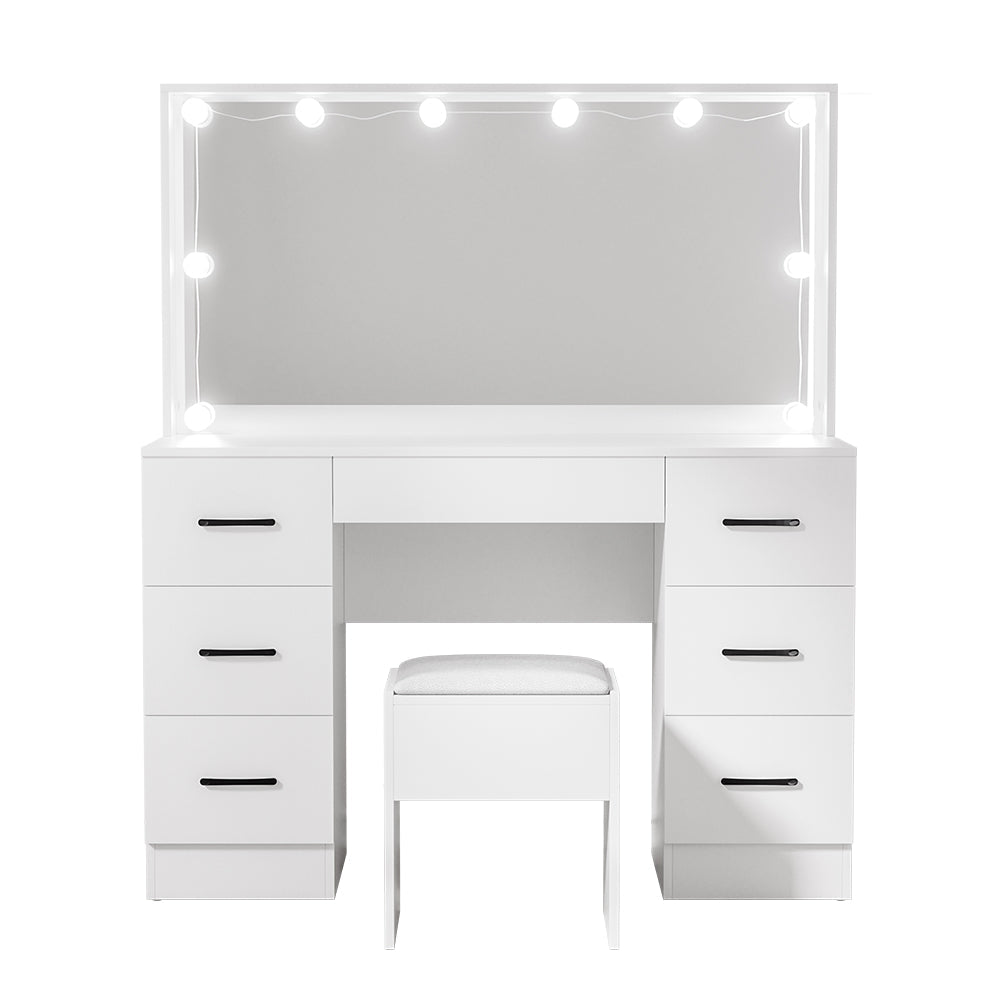 NNEDSZ Artiss Dressing Table Set Stool 10 Led Bulbs White Debbie-2