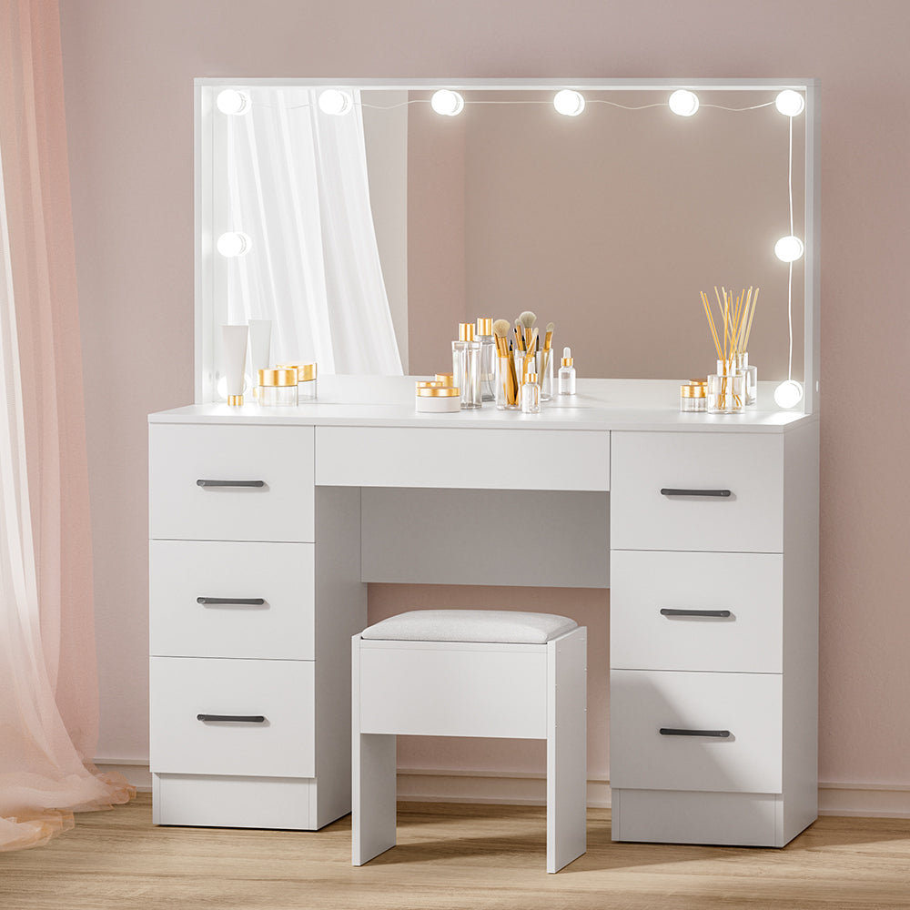 NNEDSZ Artiss Dressing Table Set Stool 10 Led Bulbs White Debbie-0