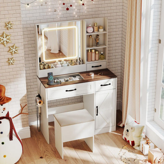 Vanity Desk with Mirror and Lights Farmhouse Makeup Dressing Table-White-0