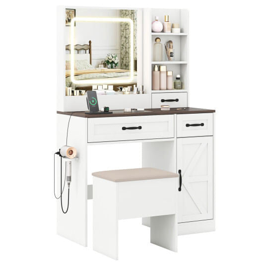 Vanity Desk with Mirror and Lights Farmhouse Makeup Dressing Table-White-1