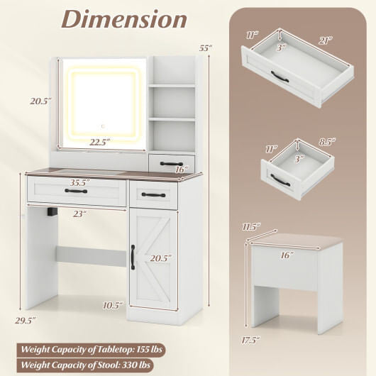 Vanity Desk with Mirror and Lights Farmhouse Makeup Dressing Table-White-2
