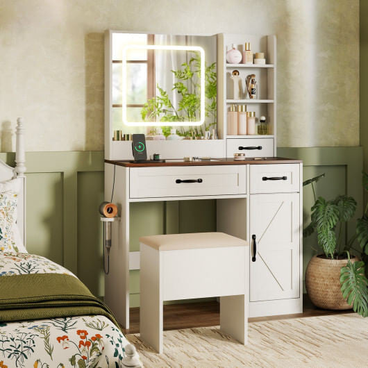 Vanity Desk with Mirror and Lights Farmhouse Makeup Dressing Table-White-4