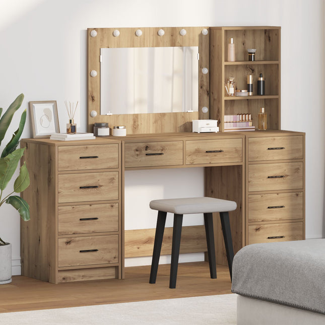 Set Tavolo da trucco  3 Pezzi con LED Quercia Artigianale Legno Ingegnerizzato