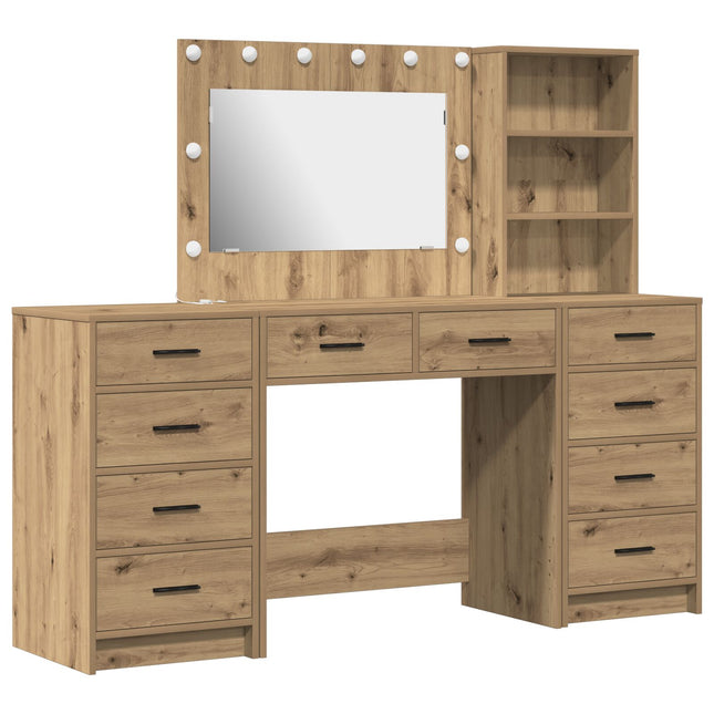 Set Tavolo da trucco  3 Pezzi con LED Quercia Artigianale Legno Ingegnerizzato